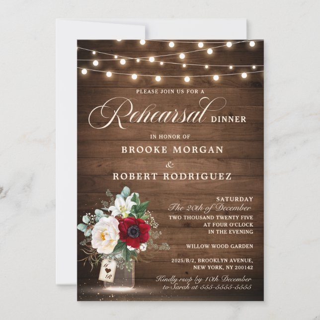 Rustic Wood String Lights Floral Rehearsal Dinner Invitation (Front)