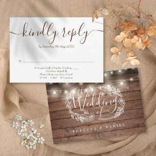 Rustic Wood String Lights Floral Script RSVP Card