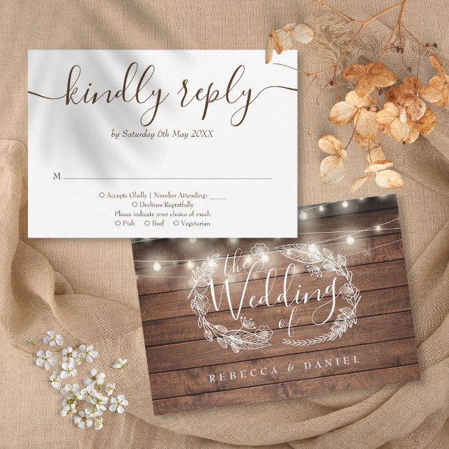 Rustic Wood String Lights Floral Script RSVP Card (Rustic Wood String Lights Floral Script RSVP Card)