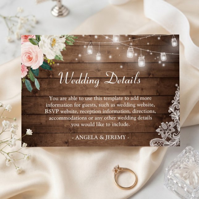 Rustic Wood String Lights Floral Wedding Details Enclosure Card (Creator Uploaded)