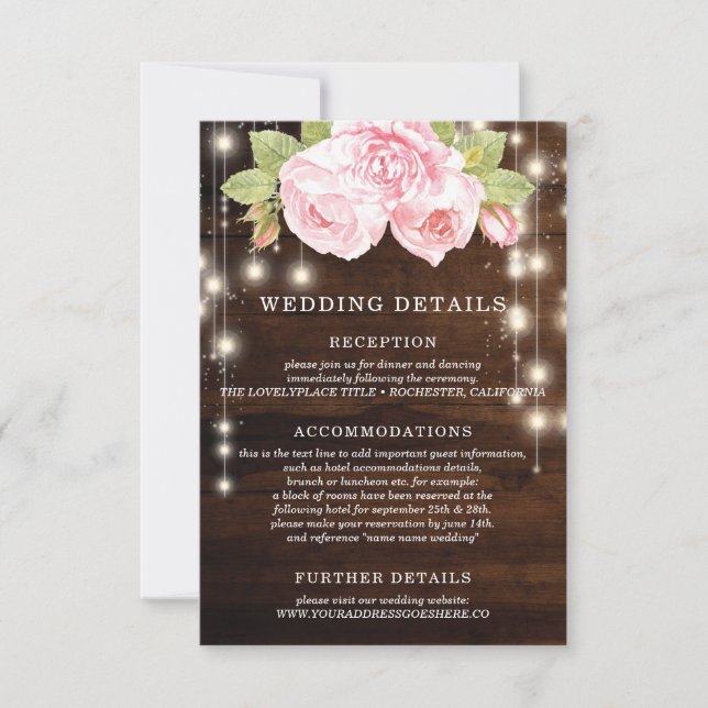 Rustic Wood String Lights Floral Wedding Details Invitation (Front)