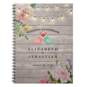 Rustic Wood String Lights Floral Wedding Guestbook Notebook