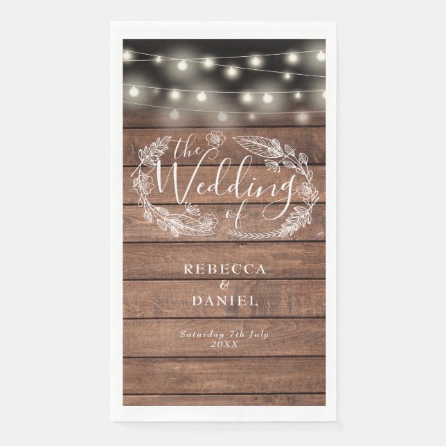 Rustic Wood String Lights Floral Wedding Napkin (Front)