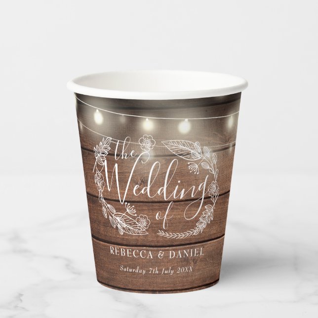 Rustic Wood String Lights Floral Wedding Paper Cups (Front)