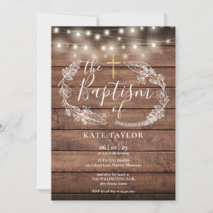 Rustic Wood String Lights Foliage Baptism Invitation
