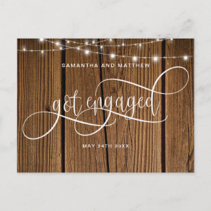 Rustic Wood, String Lights Got Engaged, Engagement Announcement Postcard