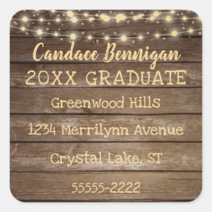 Rustic Wood, String Lights Graduate Return Address Square Sticker