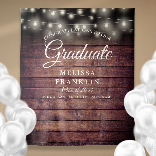 Rustic Wood String Lights Graduation Backdrop Tapestry (Rustic Wood String Lights Graduation Backdrop)