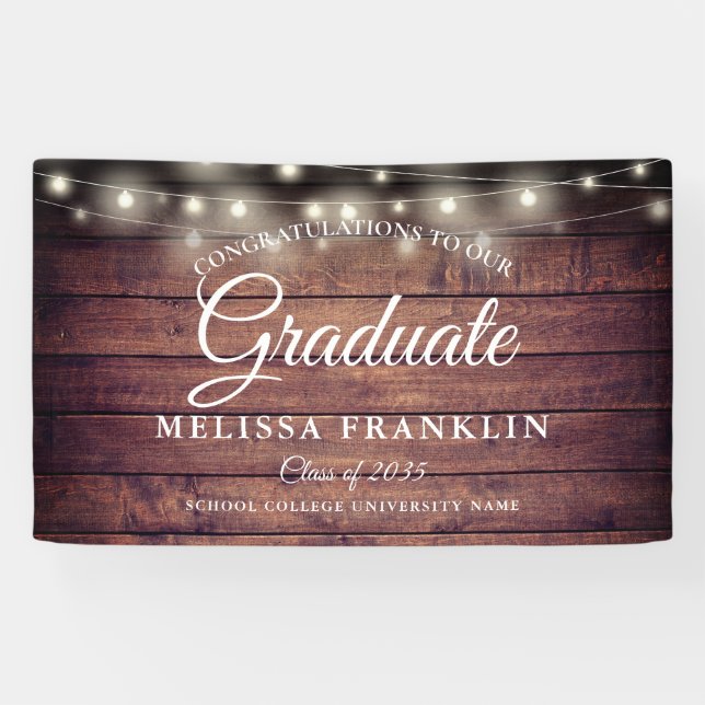 Rustic Wood String Lights Graduation Banner (Horizontal)