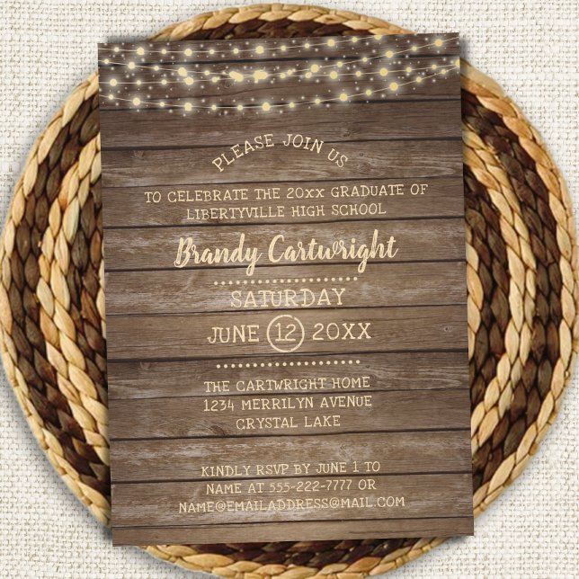 Rustic Wood & String Lights Graduation Party Invitation (Creator Uploaded)