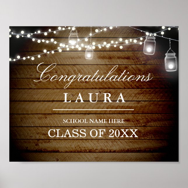 Rustic Wood String Lights Graduation Sign Poster (Front)