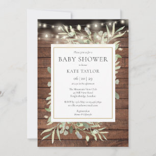 Rustic Wood String Lights Greenery Baby Shower Invitation