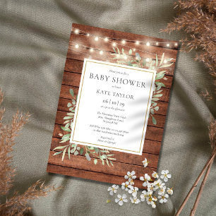 Rustic Wood String Lights Greenery Baby Shower Invitation