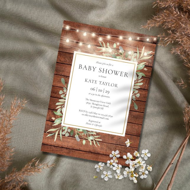 Rustic Wood String Lights Greenery Baby Shower Invitation (Creator Uploaded)