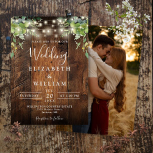 Rustic Wood String Lights Greenery Photo Wedding Invitation
