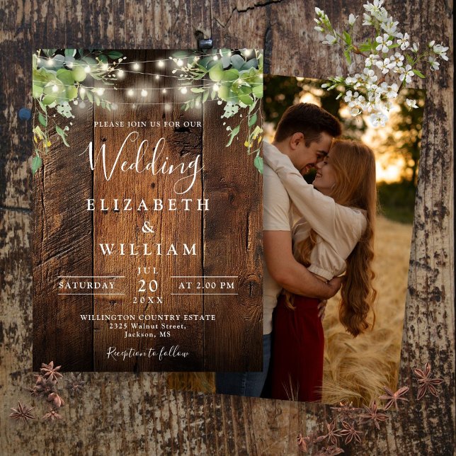 Rustic Wood String Lights Greenery Photo Wedding Invitation (Rustic Wood String Lights Greenery Photo Wedding Invitation)