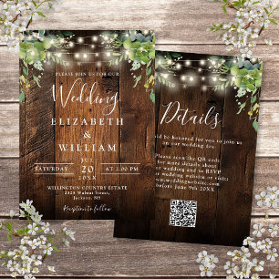 Rustic Wood String Lights Greenery QR Code Wedding Invitation