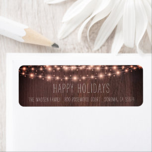 Rustic Wood String Lights Holiday Return Address Label