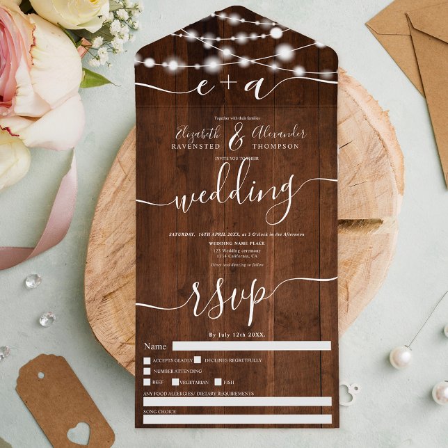 Rustic wood string lights initials script wedding all in one invitation (Creator Uploaded)