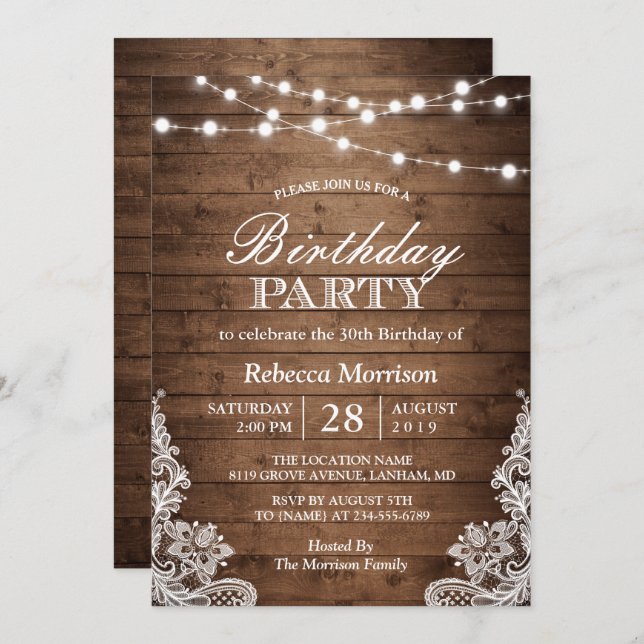 Rustic Wood String Lights Lace Birthday Party Invitation (Front/Back)