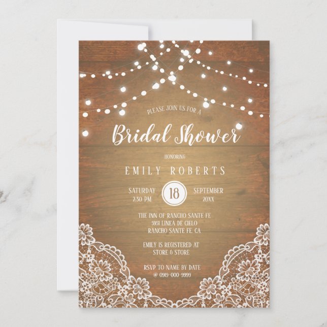 Rustic Wood String Lights Lace Bridal Shower Invitation (Front)