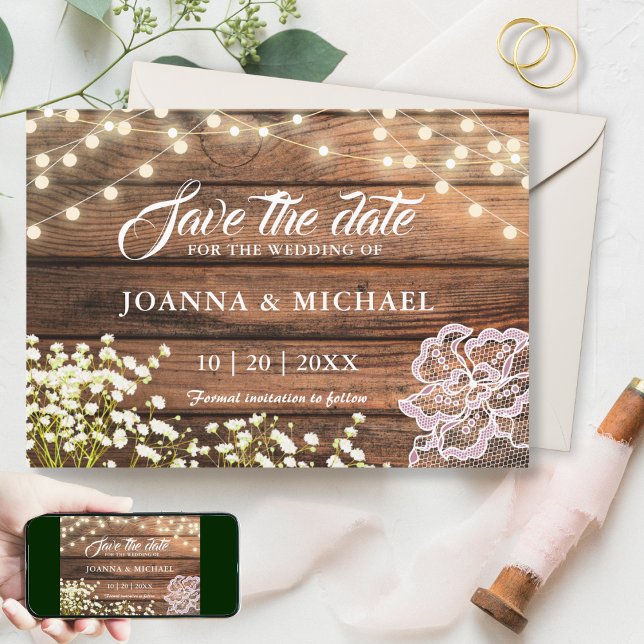 Rustic Wood String Lights & Lace Country Save The Date (Creator Uploaded)