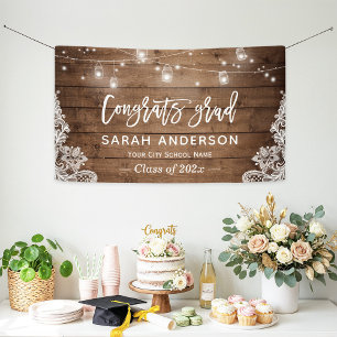Rustic Wood String Lights Lace Graduation Party Banner