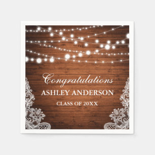 Rustic Wood String Lights Lace Graduation Party Napkin