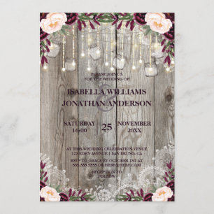 Rustic Wood & String Lights Lace Jar Wedding Invitation