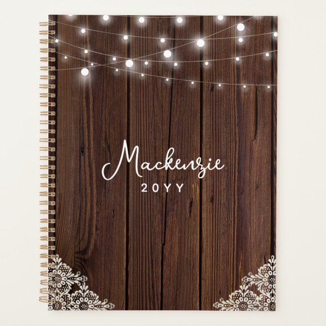Rustic Wood String Lights Lace Personalised Planner (Front)