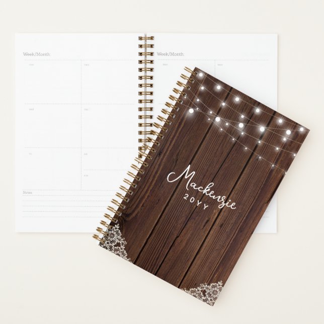 Rustic Wood String Lights Lace Personalised Planner (Display)