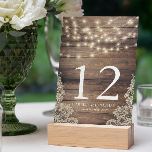 Rustic Wood & String Lights Lace Table Number