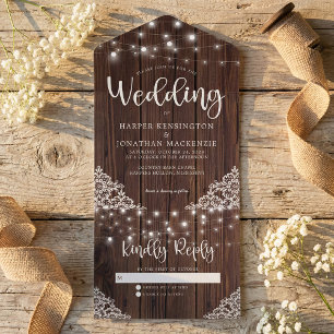Rustic Wood String Lights Lace Wedding All In One Invitation