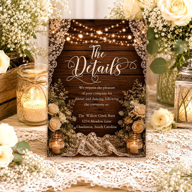 Rustic Wood String Lights Lace Wedding Details Enclosure Card (Creator Uploaded)