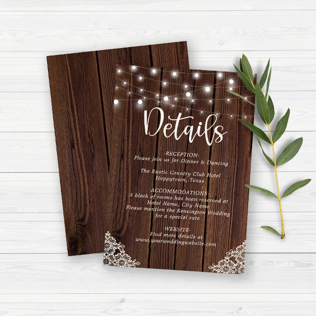 Rustic Wood String Lights Lace Wedding Details Enclosure Card (Creator Uploaded)