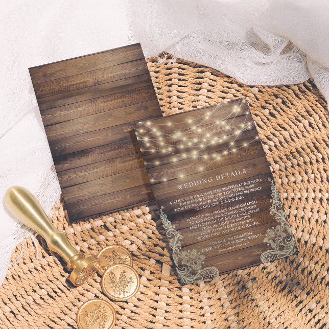 Rustic Wood & String Lights | Lace Wedding Details Enclosure Card (Creator Uploaded)
