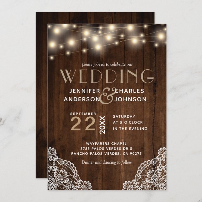 Rustic Wood String Lights Lace Wedding Invitation (Front/Back)