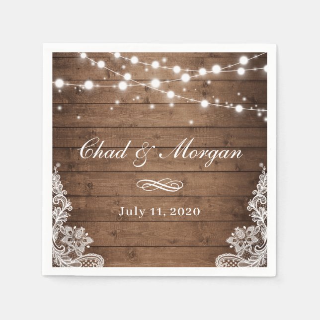 Rustic Wood String Lights Lace Wedding Napkin (Front)
