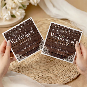 Rustic Wood String Lights Lace Wedding Napkins
