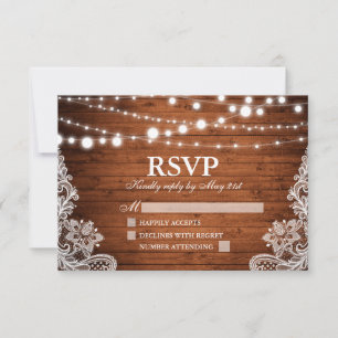Rustic Wood String Lights Lace Wedding RSVP Card