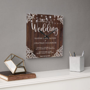 Rustic Wood String Lights Lace Wedding Square Wall Clock