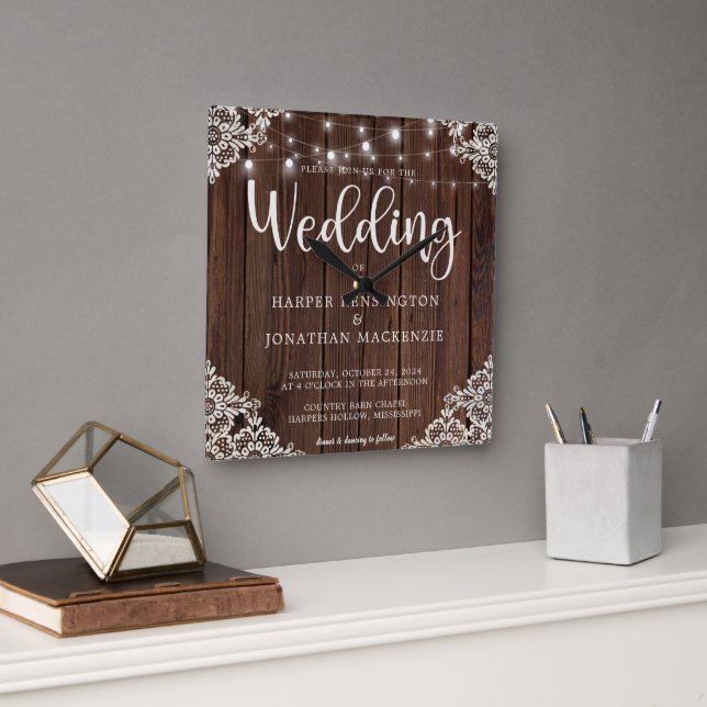 Rustic Wood String Lights Lace Wedding Square Wall Clock (Office)