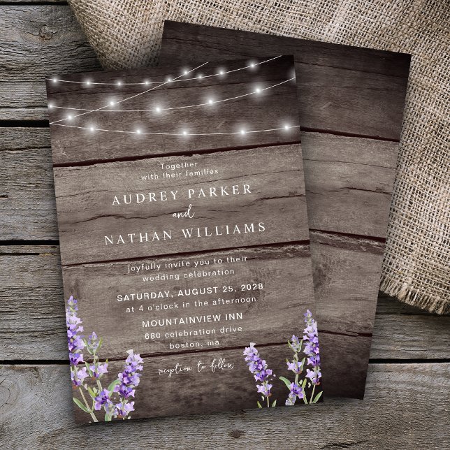Rustic Wood String Lights Lavender Wedding Invitation (Creator Uploaded)