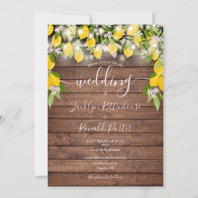 Rustic Wood String Lights Lemons Blossom Wedding Invitation (Front)