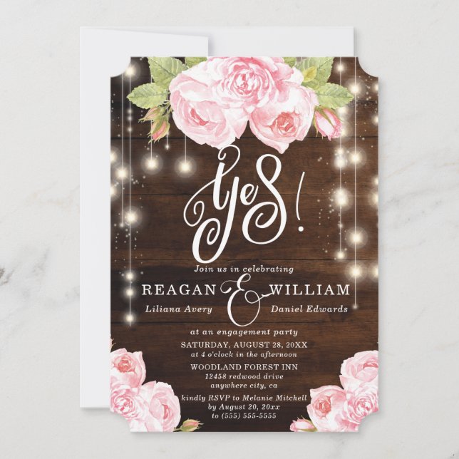 Rustic Wood String Lights Lettering Engagement Invitation (Front)