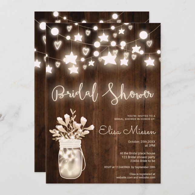 Rustic wood string lights mason jar bridal shower invitation (Front/Back)
