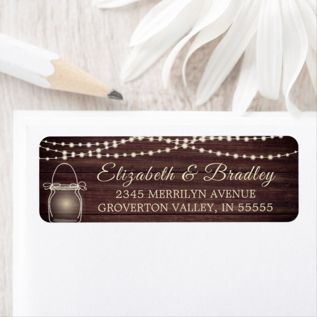 Rustic Wood String Lights Mason Jar Return Address Label (Insitu)