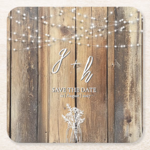 Rustic Wood String Lights Mason Jar Save the Dates Square Paper Coaster