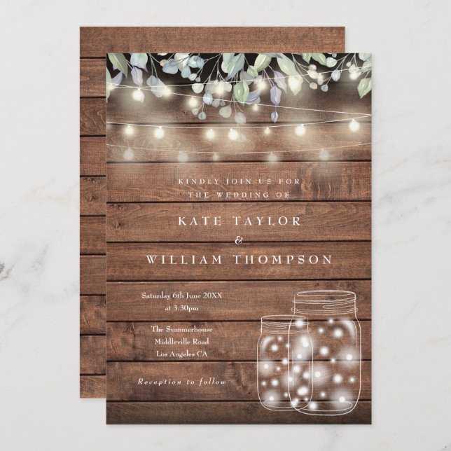 Rustic Wood String Lights Mason Jar Wedding Invitation (Front/Back)