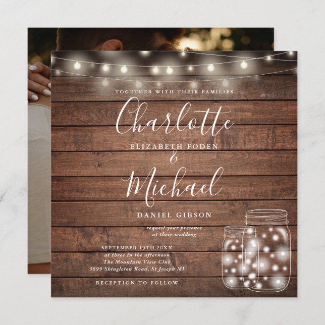 Rustic Wood String Lights Mason Jar Wedding Photo Invitation (Front/Back)